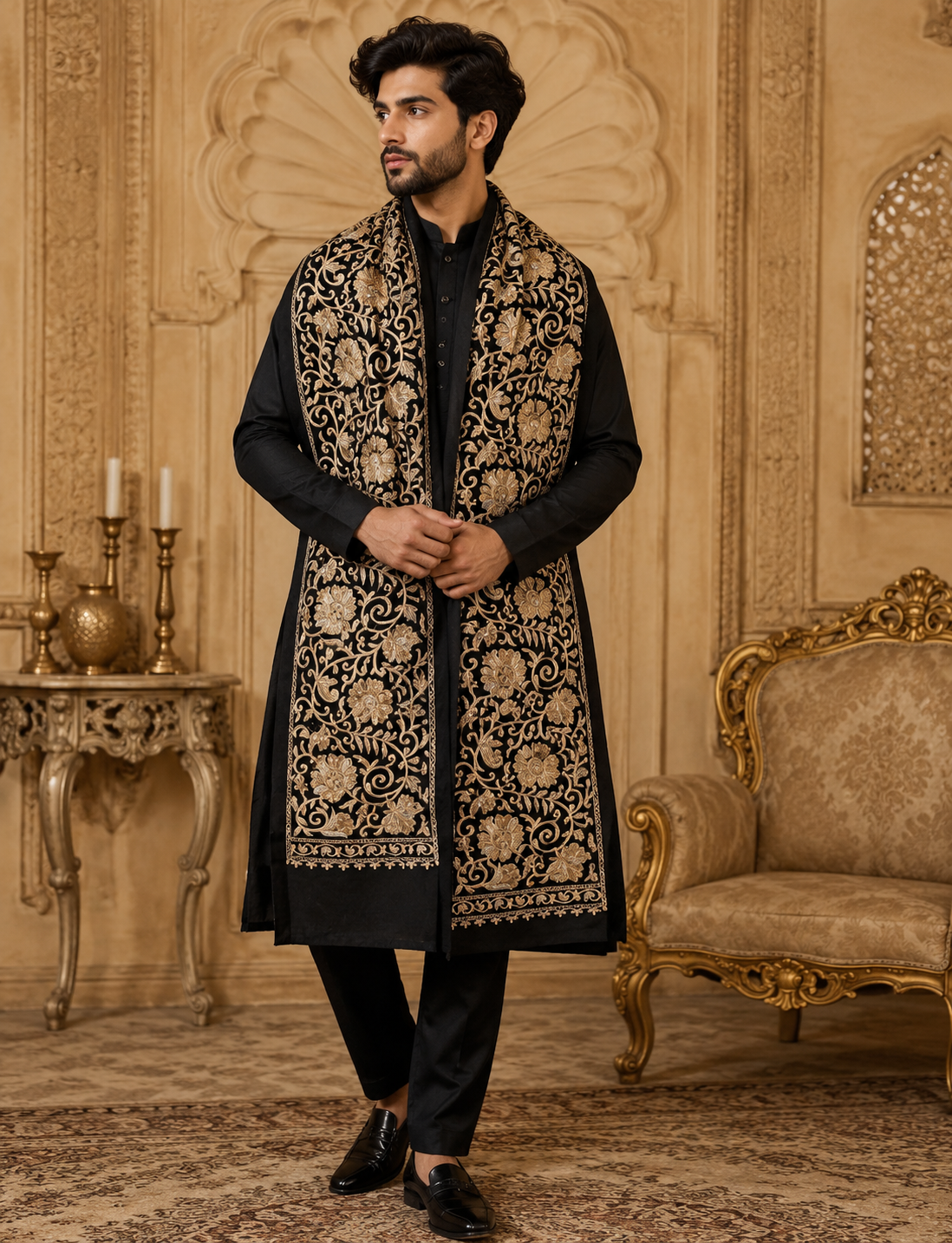MIDNIGHT GULBAHAR EMBROIDERED STOLE MEN
