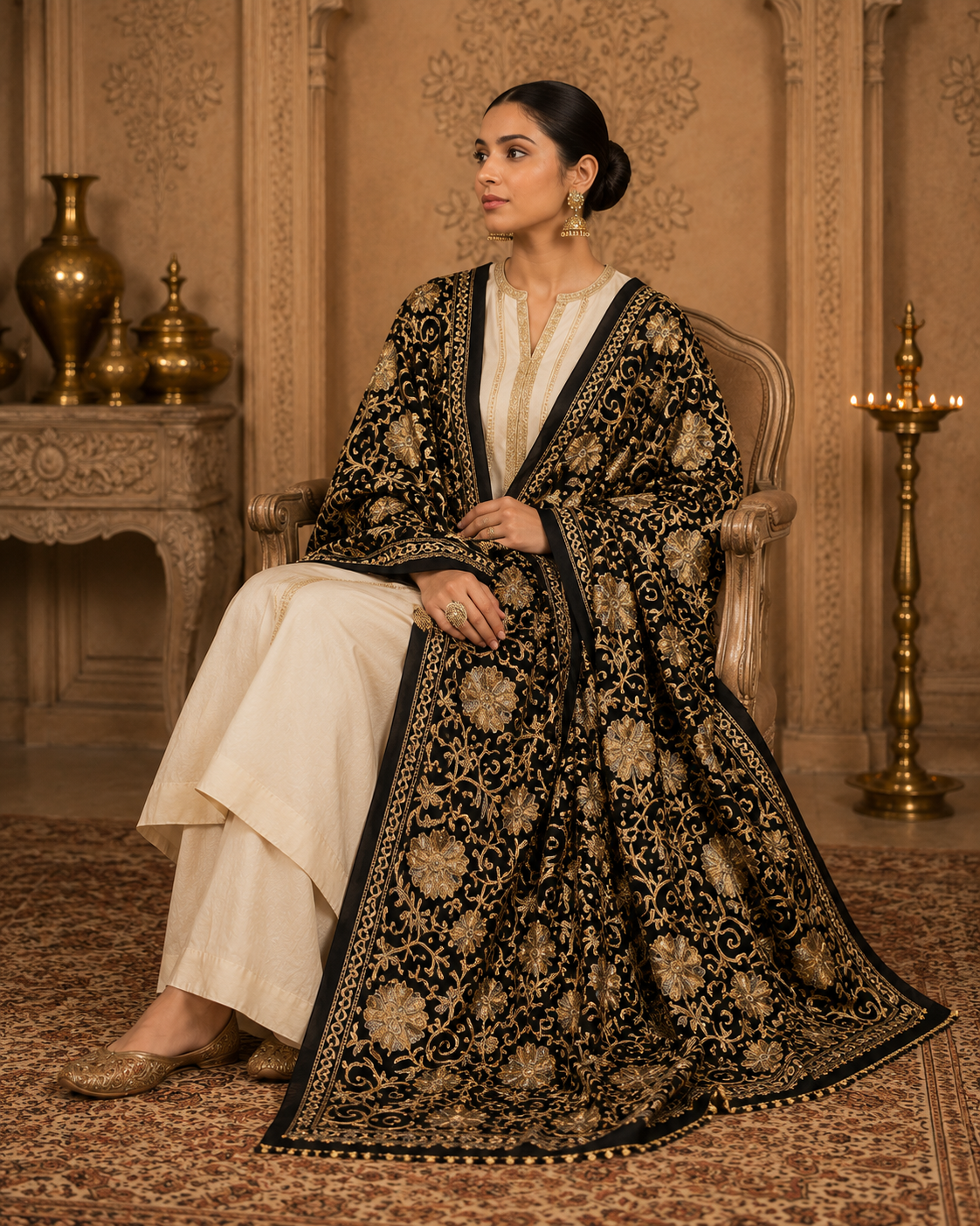 MIDNIGHT GULBAHAR EMBROIDERED STOLE WOMEN