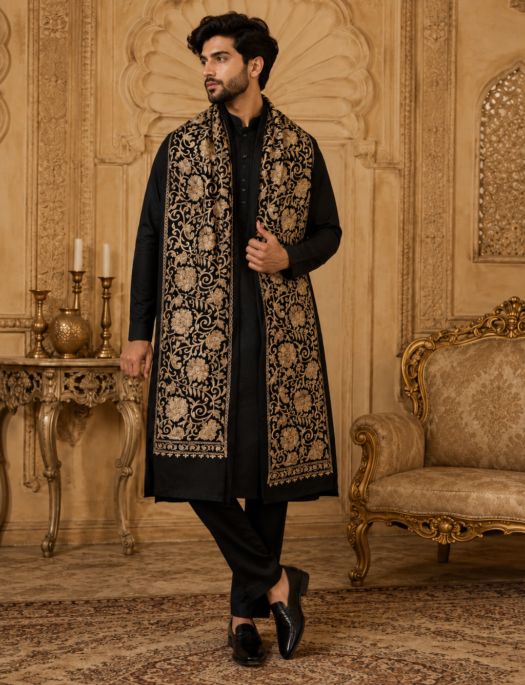 MIDNIGHT GULBAHAR EMBROIDERED STOLE MEN