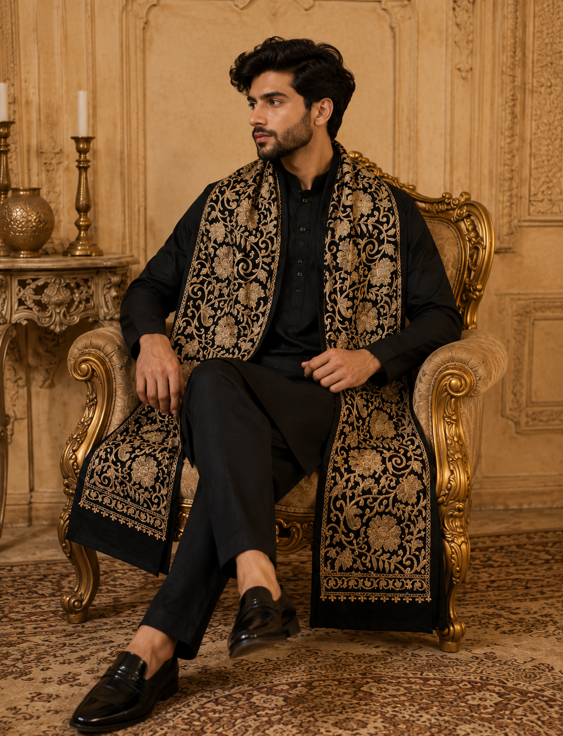 MIDNIGHT GULBAHAR EMBROIDERED STOLE MEN
