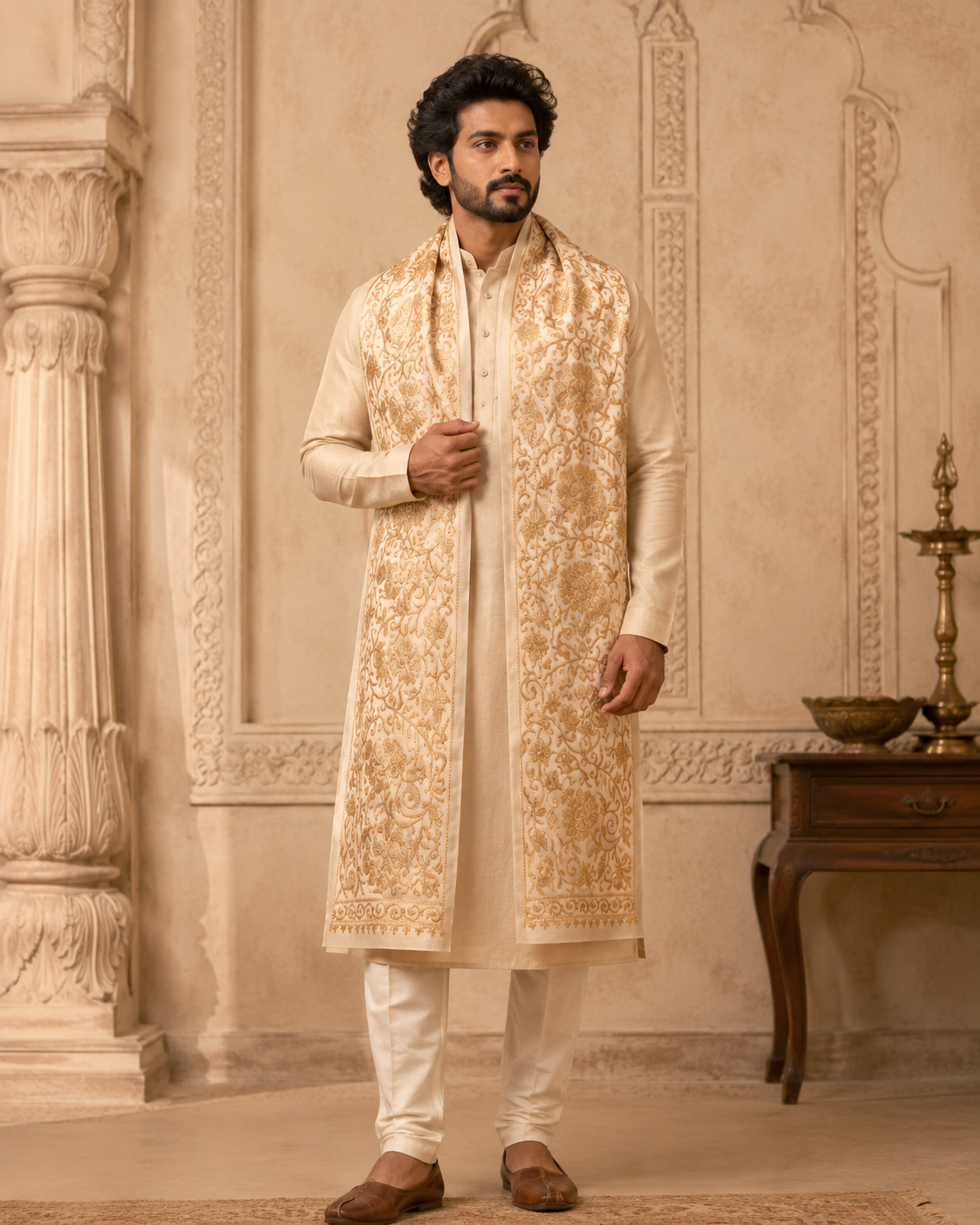 IVORY GULBAHAR EMBROIDERED STOLE MEN