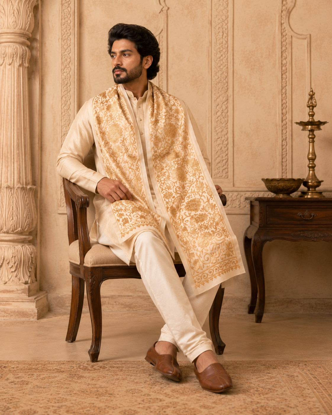 IVORY GULBAHAR EMBROIDERED STOLE MEN