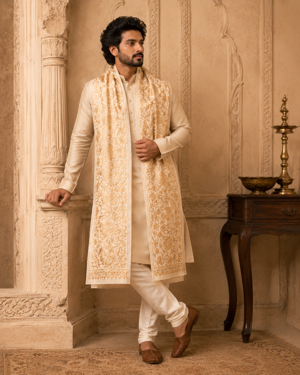 IVORY GULBAHAR EMBROIDERED STOLE MEN
